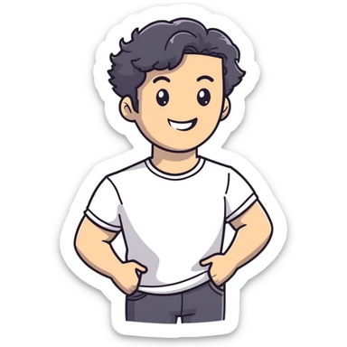 Casual business strategist with black wavy hair, stubble, strong features, white skin, wearing casual Friday outfit with no tie, leaning back relaxed, friendly smile, personal and approachable for Instagram profile sticker