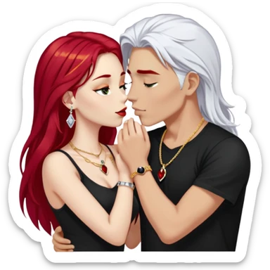close-up of young couple kissing, girl with long cherry red hair and blonde eyebrows, gold A necklace, diamond ring, red bracelet, boy with stark white hair, silver ring with black stone, dark t-shirt sticker