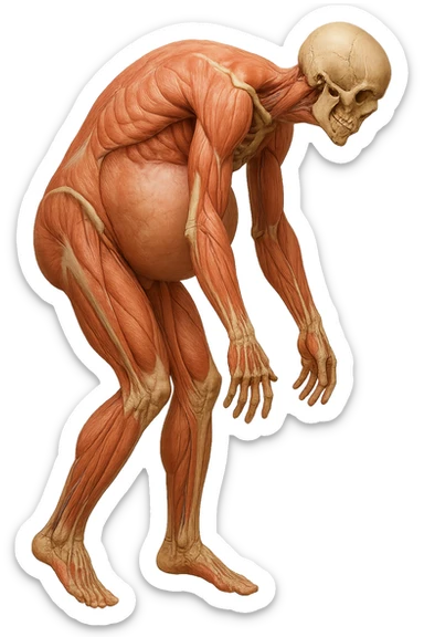 corpo umano anatomico realistico che si butta con la schiena e le spalle in avanti, pancia sporgente e postura delle spalle chiuse, isolato su sfondo bianco sticker