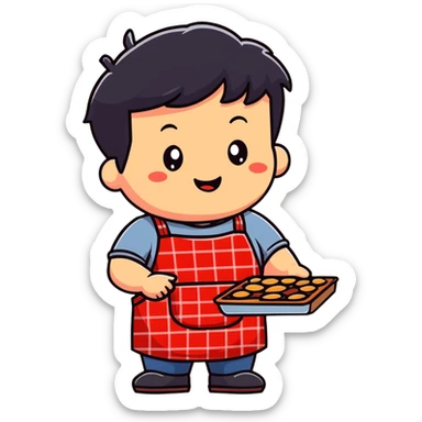chubby boy with black hair styled upward in front, wearing a red and white checkered plaid apron sticker