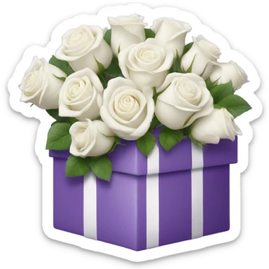 white roses inside purple box with white ribbon sticker