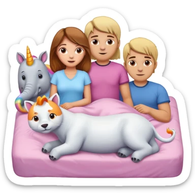 A girl with brown hair and guy with blonde hair in a bed with an elephant and an orange cat and a polar bear and a pink unicorn sticker
