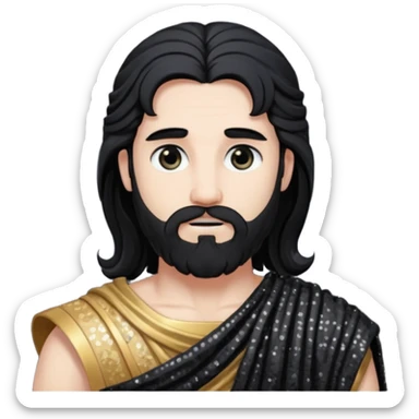 Pluto from Roman Deities with long black hair and beard, black sequin toga sticker
