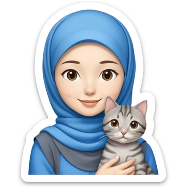 Asian white girl wearing blue hijab with dress holding a black grey tabby cat while smiling sticker