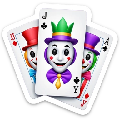 bunch of 3 poker cards, with crazy colorful jolly jokers inside, inversed face sticker