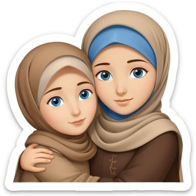 Turkish beautiful finish Konya girl blue eyes with brown beige hijab islamic dress and hugs with big boy brother  sticker