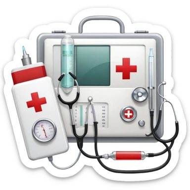 An icon featuring a red cross, stethoscope, syringe, and tonometer, symbolizing medicine. The design includes a white coat, medical book, heartbeat monitor, and pill, representing healthcare, diagnostics, and treatment. Transparent background highlights the science and practice of healing. sticker