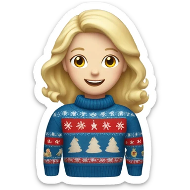 Happy white woman with blonde hair and  christmas jumper and blue jeans  sticker