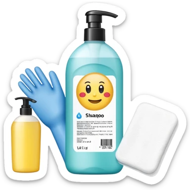 emoji of big (1L) bottle of shampoo, disposable gloves and cotton pads (for makeup) are standing on a table, products look like its always running out, add brand labels to them, make quantity bigger , and i want to see more disposable products, without faces sticker