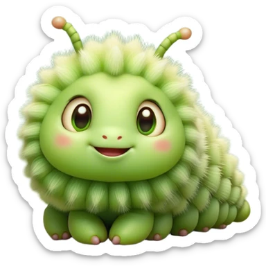 Cinematic Cute Caterpillar Portrait Emoji, Head tilted playfully and inquisitively, featuring a small, fuzzy body with rounded, plump segments, soft, endearing eyes and a charmingly wiggly movement, Simplified yet irresistibly adorable features, highly detailed, glowing with a warm, inviting green glow, high shine, affectionate and lively, stylized with a touch of whimsical woodland charm, soft glowing outline, capturing the essence of a mischievous caterpillar that seems as if it could crawl out of the screen into your arms! sticker