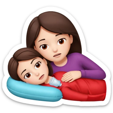 only one brunette girl, with a pain face, lying on her side suffering from menstrual cramps, has a hot water bottle on her stomach. sticker