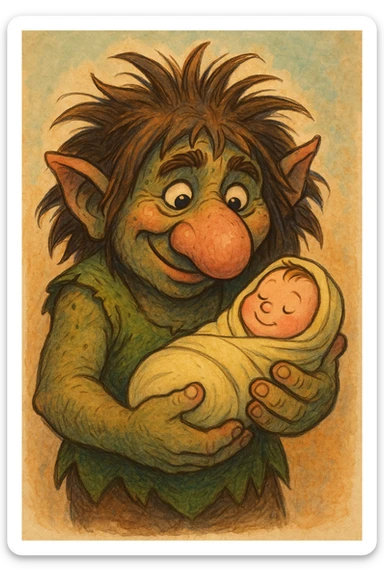 a troll with a big nose and wild hair holding a baby, cartoon style, unique and expressive style, fantasy illustration, whimsical, friendly expression, gently cradling, swaddled baby sticker