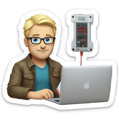 man looks 35 classes, european, tech nerd love pcb designing, blond short hair, blue eyes with specs behind macbook on the office desk with pcb and multimeter sticker
