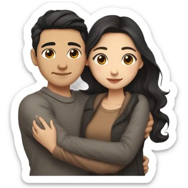 A half pale Asian man with short dark hair and amber eyes embracing and loving a half Asian woman with long wavy dark hair and dark hazel eyes. They love each other a lot And have good fashion taste and are hugging each other tight  sticker