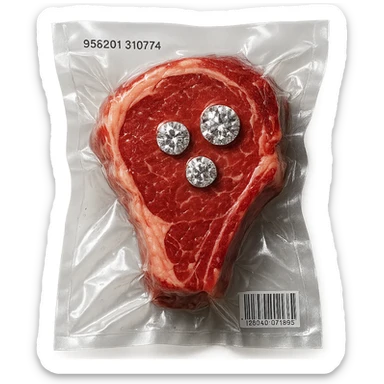 juicy steak with diamonds on top, shiny and inflated, vacuum-sealed style sticker