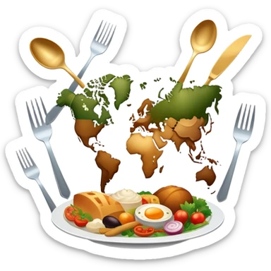Icon for Culinary Tourism: a world map with food elements like a fork, knife, and dish, surrounded by iconic dishes from various countries. The icon should represent the exploration of global cuisines and travel experiences. Transparent background. sticker