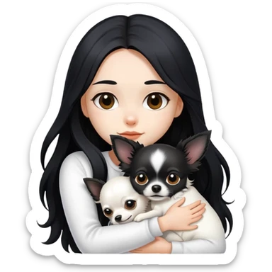 Fair skin girl - long black hair - white clothes - hugging a black long hair chihuahua sticker