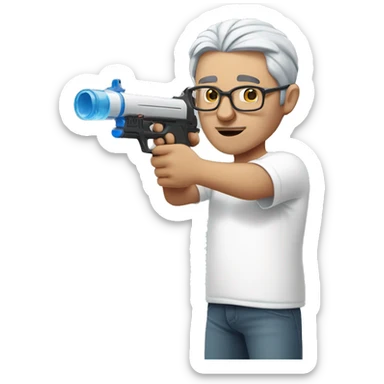 Turkish man with grey hair and protective glasses and white t-shirt aiming a water gun with one hand while standing sideways sticker