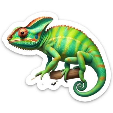 Giant Chameleon blending into natural surroundings, perched on a branch. Its vibrant colors shift with the environment. Lush greenery, branches, and soft sunlight create a peaceful, nature-filled background. Transparent background, showcasing the chameleon's colorful, textured skin. sticker