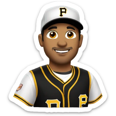 Hispanic man wears jersey and cap Pittsburgh pirates sticker