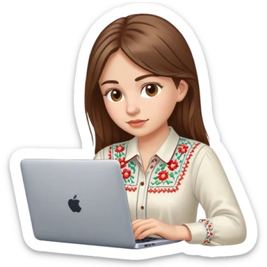 A Ukrainian girl with brown hair in an embroidered shirt works at her laptop sticker