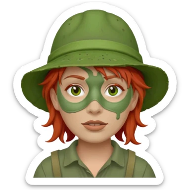 messy green full face clay mask and tourist hat red hair  sticker