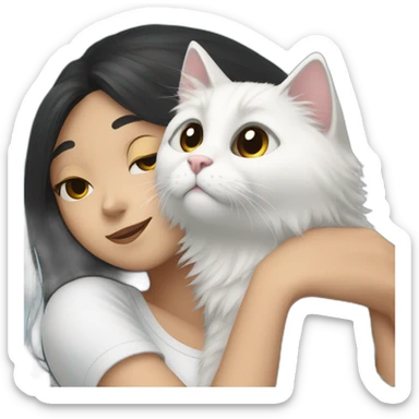 A girl with long dark hair and a white fluffy cat is lying on her left shoulder sticker