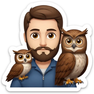 portrait man long brown hair brown eyes medium beard white skin with owl perched on shoulder sticker