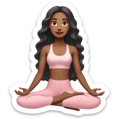 black long wavy hair and brown eyes with light skin yoga girl in light pink clothes sitting on a yoga mat  sticker