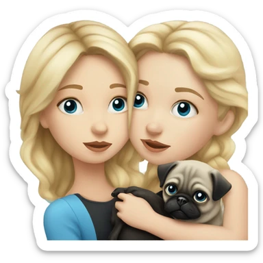 Girl with wavy blonde hair and blue eyes, kissing a black pug sticker