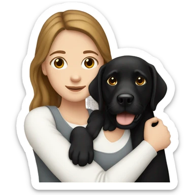 white girl with brown hair. hugging a black labrador sticker