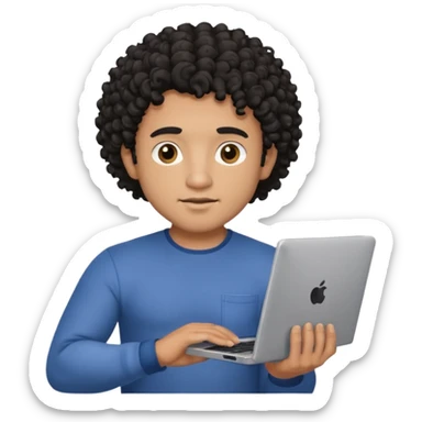 men holding his computer in hands. light brown skin men with curly black hair, dark brown eyes, little grown beard. ust a tiny bit muscular. dressed casual. round face. sticker