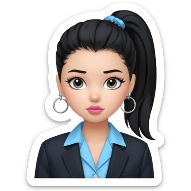 generate a pretty bratz girl with black hair tied up in a single ponytail. wearing a light blue full sleeve shirt and a black blazer over it. silver small hoops, pink lipgloss.  sticker