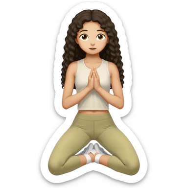 Side profile of tan Olive toned Christian girl praying on knees to Jesus long dark curly hair in off white leggings and matching athletic top sticker