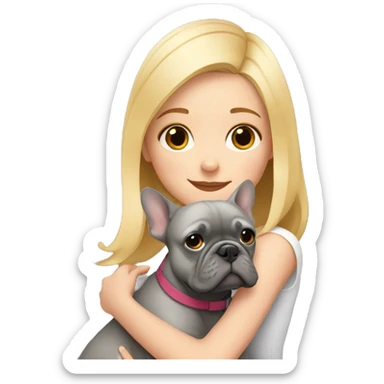 A blonde girl with a square hugs a gray French bulldog sticker