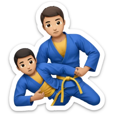 An Asian guy doing jiu jitsu with another guy submitting him with an arm bar. The Asian guys wears a blue belt sticker