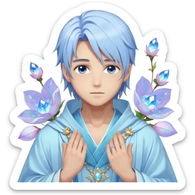 Beautiful gorgeous blushing blue-eyed youthful handsome anime guy with beautiful iridescent-pastel-whitish-special-medium-long-hair, fashion aesthetic, ethereal, fairycore, pastelcore, flower petals, crystals, layered robes, accessories, jewelries, gold, colorful, shiny, trending style, outside sticker