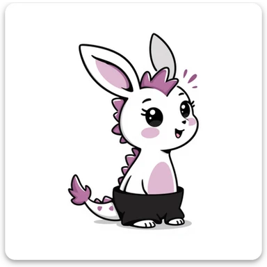 Kawaii bunny plant dragon in Samriel style, tiny spikes, extremely cute, exaggerated proportions, huge sparkly eyes, soft rounded shapes, blushing cheeks, pastel colors with pink and purple tones, delicate linework, small mouth, adorable expression, slightly sketchy lines but clean overall look sticker