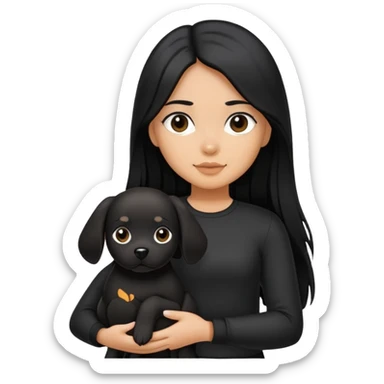 A girl with long black hair wearing black clothes holding a black dog in one hand sticker
