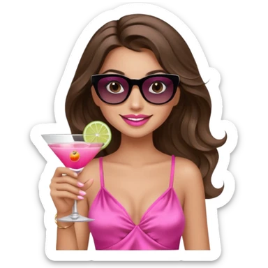 girl with long wavy brown hair, brown eyes, long lashes makeup, sexy pink lips, smiling, light to medium complexion, wearing a pink sexy silk top, relaxing in a beach chair, wearing black sunglasses, holding a drink sticker