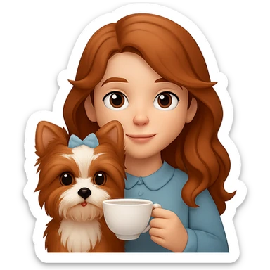Make the yorkie dog much bigger, keep the 11 year old girl with freckles and long wavy brown hair, preserve the look of apple style emoji, no background. sticker