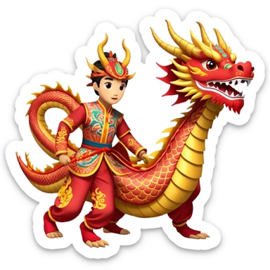 Cinematic Realistic scene of two performers guiding an elaborately designed dragon costume during a Dragon Dance, with vivid traditional patterns and dynamic motion, set under festive, red-tinged lighting sticker