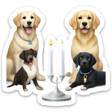 two dogs one a golden retriever and the other is a black labrador retriever with white paws and a white chest and a white spot on her nose. the dogs are next to a menorah  sticker
