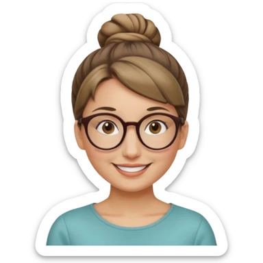 femme de 38 ans avec des cheveux blond foncé, un chignon haut, yeux bruns, lunettes rondes sticker