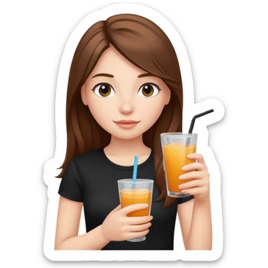 girl with long brown hair, rosey cheeks, long eyelashes dressed with a black thight tshirt and a drink in her hand sticker