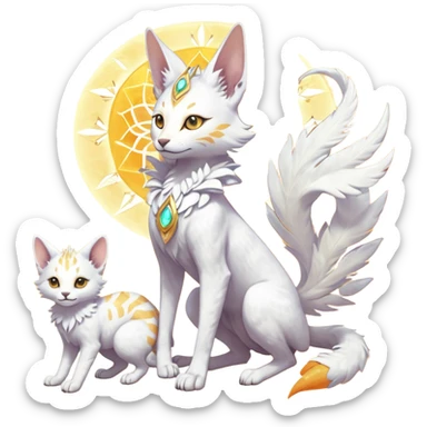 Epic complex fantasy glorious detailed futuristic divine godly angelic feathery sunny, white, albino, pastel, golden, orange glowing sparkly, realistic Fakémon-Sprigatito-Floragato-Meowscarada-Trico-Sergal-Serval-Solgaleo-Vernid-creature (full body) solarpunk, shiny sparkly, iridescent sticker
