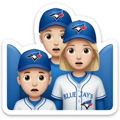 two children, one tall girl and one little boy watching blue jays game, with look of horror on their face sticker