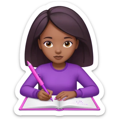 Une fille noir au cheveux lisse qui est entrain d’écrire avec un stylo rose sur un cahier violet sticker