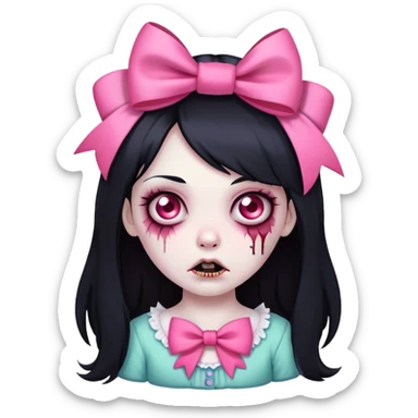A zombie girl with long black hair, with a pink bow in her hair sticker