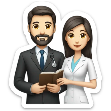 husband classy caucasian executive 55 dark hair trimmed beard wearing business suit holding bible, with wife asian age 55 dark hair nurse uniform, no children sticker